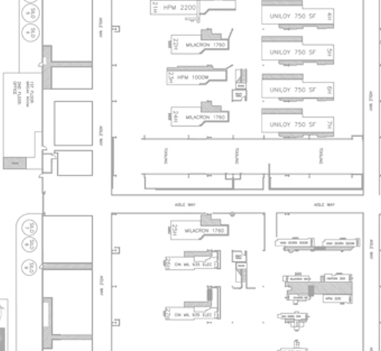 Drawn floor plan for warehouse machinery.